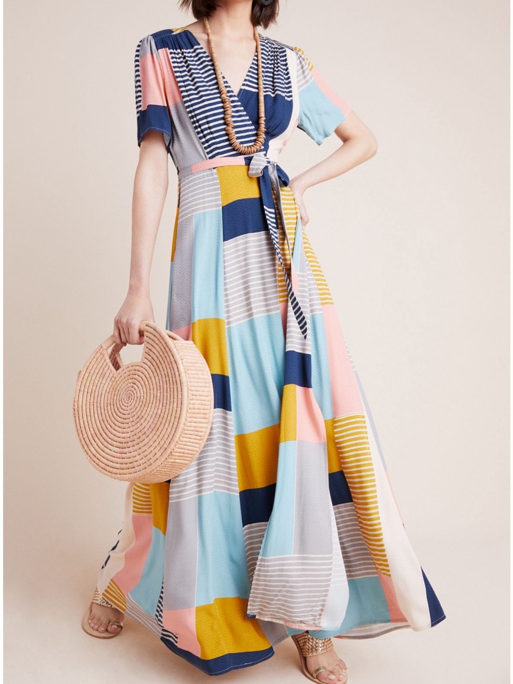 Odells Anthropologie Positano color block maxi wrap dress